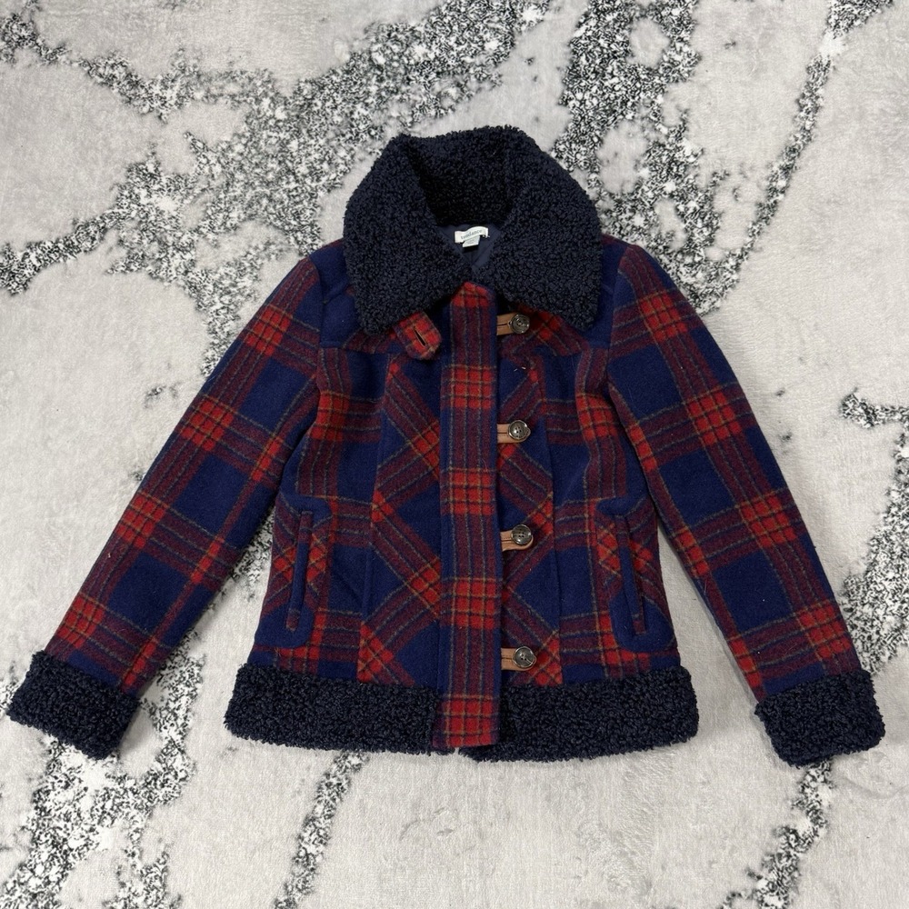 Sundance Wool Blend Plaid Jacket Womens Size XS‎ Blue Red Sherpa Collar /Cuffs